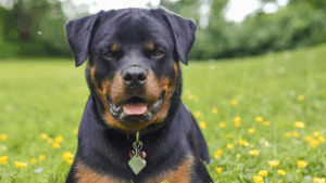 A happy Rottweiler dog lying in a field of yellow flowers