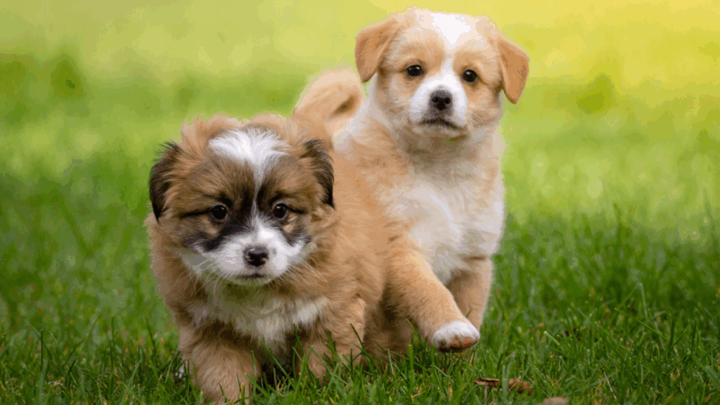 Two fluffy puppies standing on green grass, looking curiously at the camera