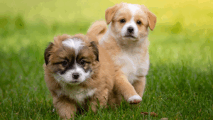 Two fluffy puppies standing on green grass, looking curiously at the camera